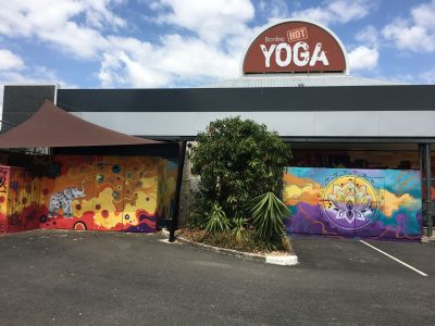 Bonfire Yoga mural outside - Kat's Mural Art