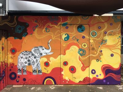 Little Elephant blowing bubbles 1 - Bonfire Yoga - Kat's Mural Art
