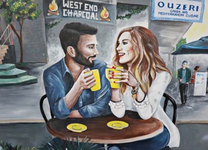 Couple drinking coffee in West End, West End Mural, Ray White Office. Kat's Mural Art, Kat Smirnoff